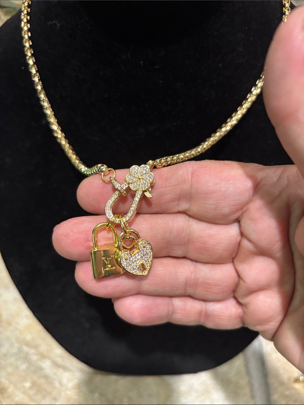 Stunning Gold Tone LV Padlock & Heart Charm Necklace with Crystal Accents - Picture 2 of 6